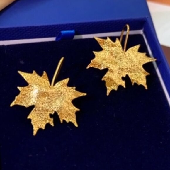 Golden tone Fall Maple Leaves Earrings - Picture 5 of 5